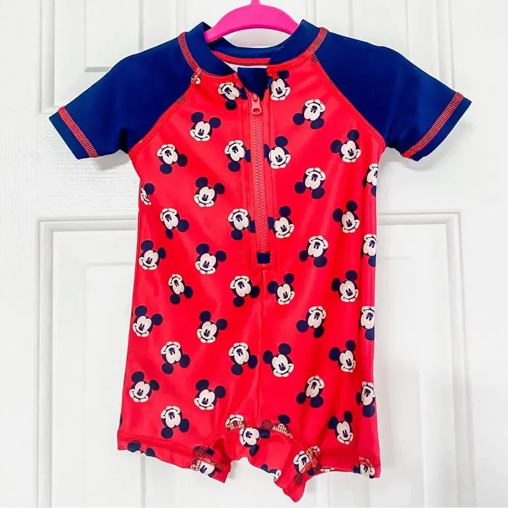 DISNEY BABY • Red + Blue One Piece Mickey Mouse Swimsuit Rash Guard